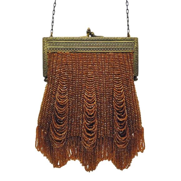 Art Deco Beaded Handbag 1920s Flapper Purse Vintage Bronze Chain Copper Fringe - Picture 2 of 10
